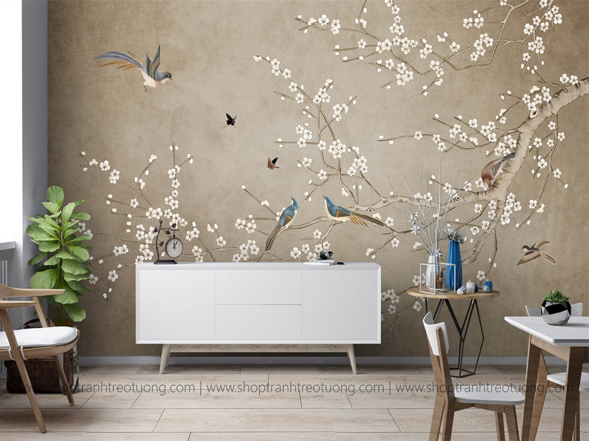 Tranh dán tường: Chim đào xuân